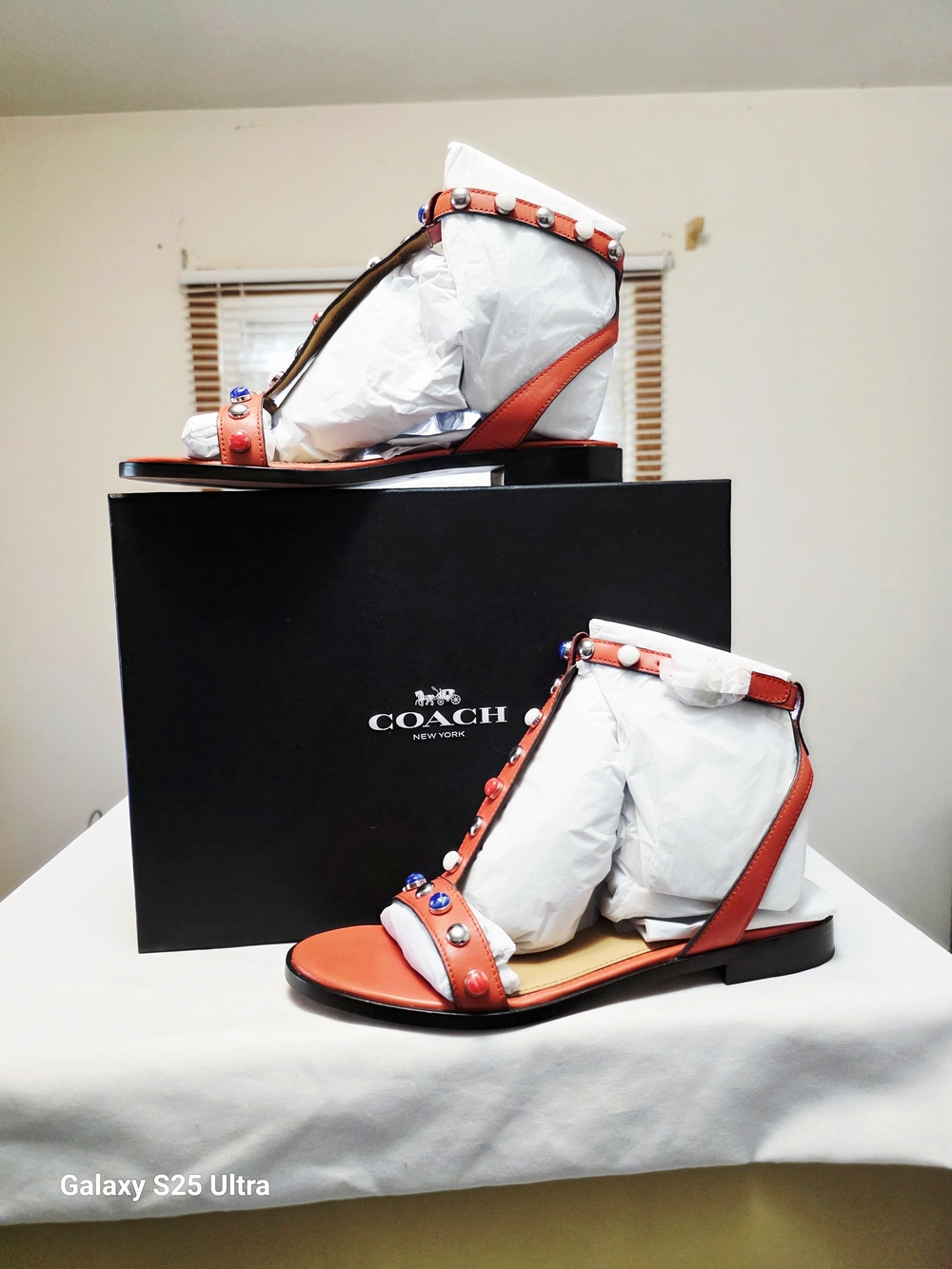 COACH Sadie Semi Matte Calf Leather Sandals In Deep Coral  Size 7.5M